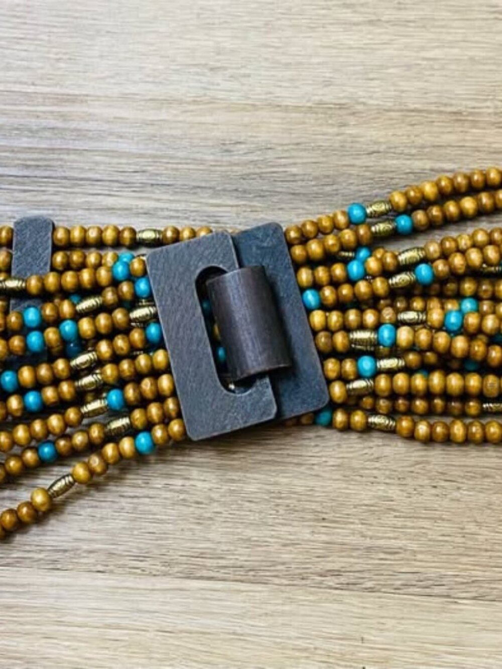 Boho Wooden Beaded Belt Brown Gold & Turquoise | 8-Layer Strand | Wooden Clasp